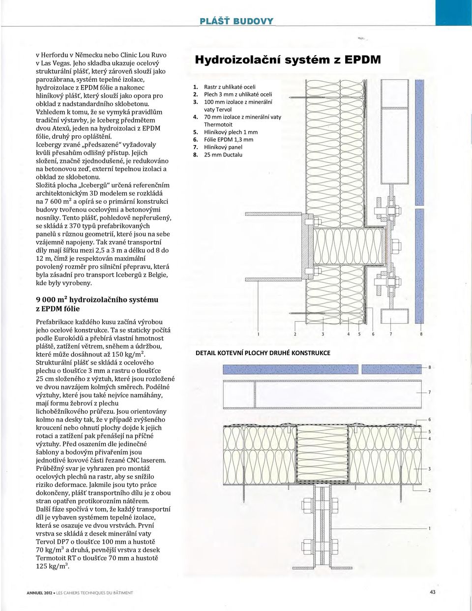 z nadstandardního sklobetonu. Vzhledem k tomu, že se vymyká pravidlům tradiční výstavby, je Iceberg předmětem dvou Atexů, jeden na hydroizolaci z EPDM fólie, druhý pro opláštění.