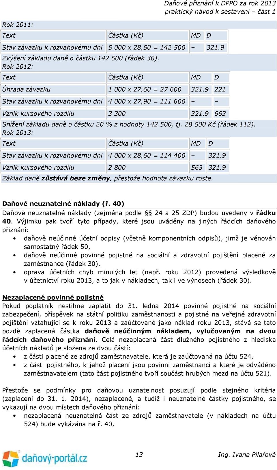 9 663 Snížení základu daně o částku 20 % z hodnoty 142 500, tj. 28 500 Kč (řádek 112). Rok 2013: Text Částka (Kč) MD D Stav závazku k rozvahovému dni 4 000 x 28,60 = 114 400 321.