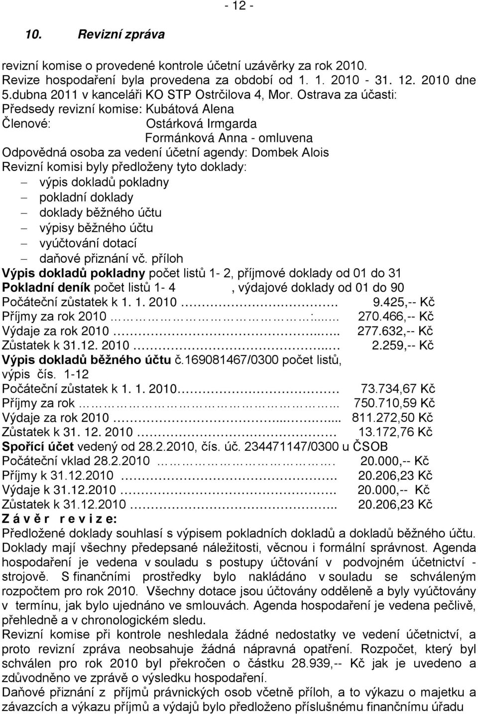 Ostrava za účasti: Předsedy revizní komise: Kubátová Alena Členové: Ostárková Irmgarda Formánková Anna - omluvena Odpovědná osoba za vedení účetní agendy: Dombek Alois Revizní komisi byly předloženy