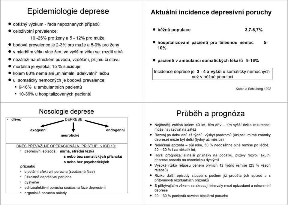 prevalence: 9-16% u ambulantních pacientů 10-36% u hospitalizovaných pacientů Aktuální incidence depresivní poruchy běžná populace 3,7-6,7% hospitalizovaní pacienti pro tělesnou nemoc 5-10% pacienti