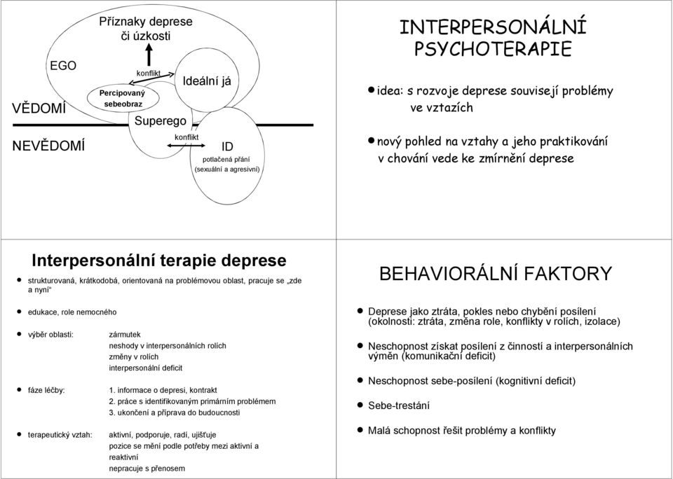 orientovaná na problémovou oblast, pracuje se zde a nyní edukace, role nemocného výběr oblasti: zármutek neshody v interpersonálních rolích změny v rolích interpersonální deficit fáze léčby: 1.