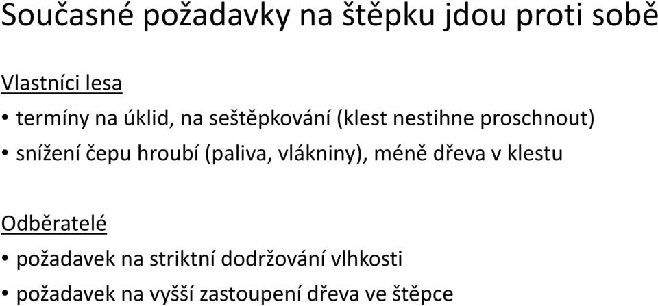 hroubí (paliva, vlákniny), méně dřeva v klestu Odběratelé požadavek