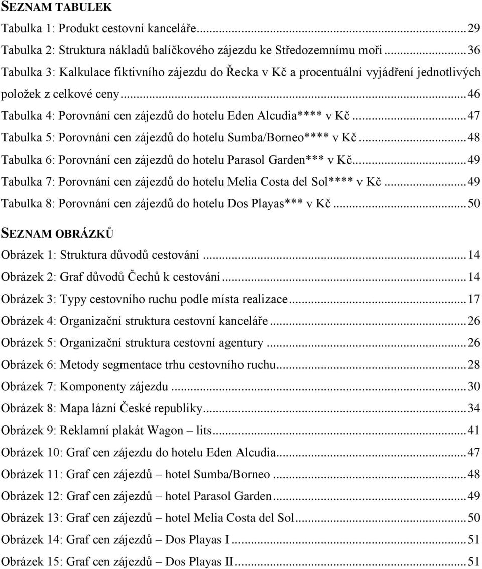 .. 47 Tabulka 5: Porovnání cen zájezdů do hotelu Sumba/Borneo**** v Kč... 48 Tabulka 6: Porovnání cen zájezdů do hotelu Parasol Garden*** v Kč.