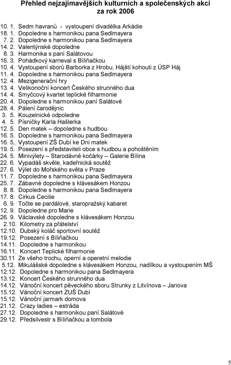 4. Mezigenerační hry 13. 4. Velikonoční koncert Českého strunného dua 14. 4. Smyčcový kvartet teplické filharmonie 20. 4. Dopoledne s harmonikou paní Salátové 28. 4. Pálení čarodějnic 3. 5.