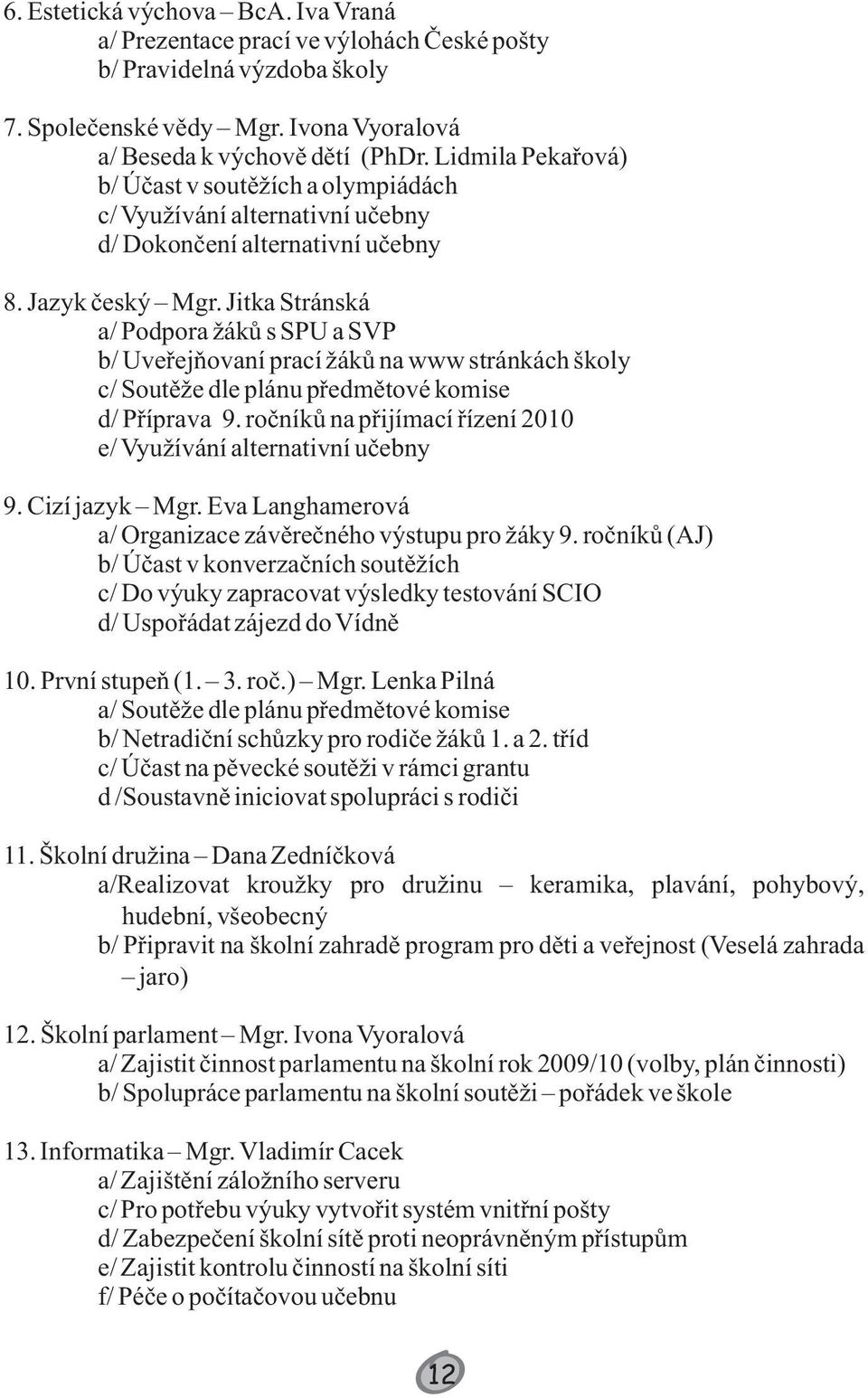 Jitka Stránská a/ Podpora žáků s SPU a SVP b/ Uveřejňovaní prací žáků na www stránkách školy c/ Soutěže dle plánu předmětové komise d/ Příprava 9.