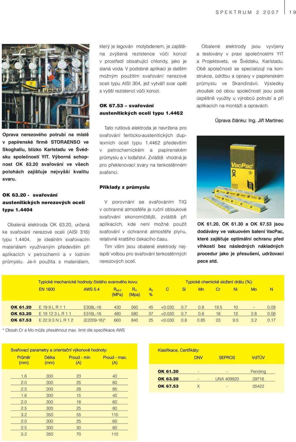 20, určená ke svařování nerezové oceli (AISI 316) typu 1.4404, je ideálním svařovacím materiálem využívaným především při aplikacích v petrochemii a v lodním průmyslu.