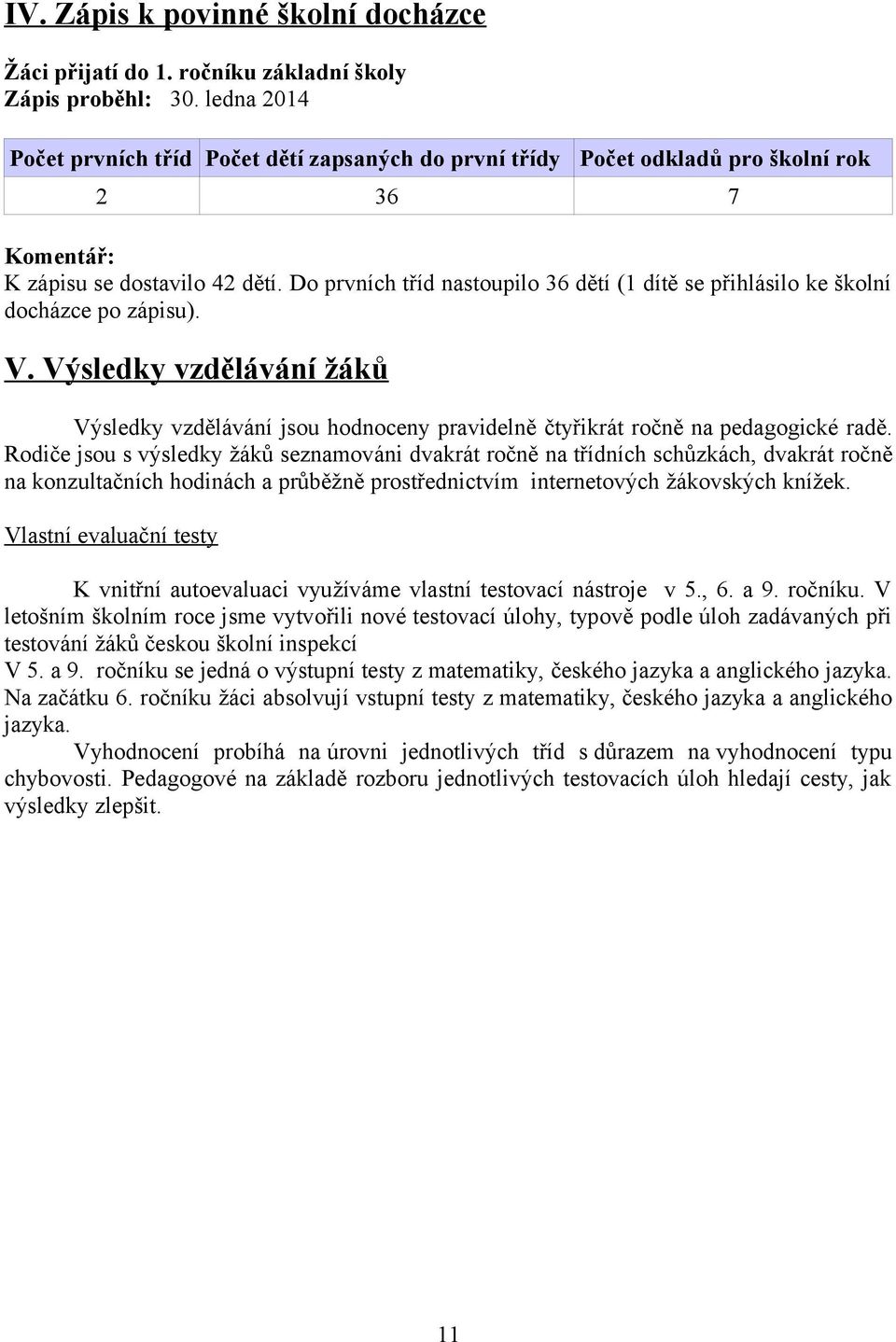 Do prvních tříd nastoupilo 36 dětí (1 dítě se přihlásilo ke školní docházce po zápisu). V. Výsledky vzdělávání žáků Výsledky vzdělávání jsou hodnoceny pravidelně čtyřikrát ročně na pedagogické radě.