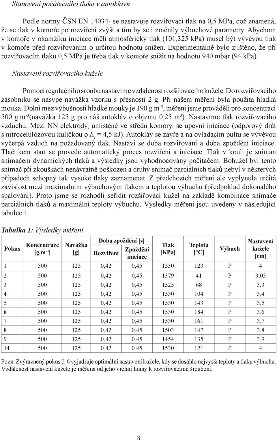 Experimentálně bylo zjištěno, že při rozviřovacím tlaku 0,5 MPa je třeba tlak v komoře snížit na hodnotu 940 mbar (94 kpa).