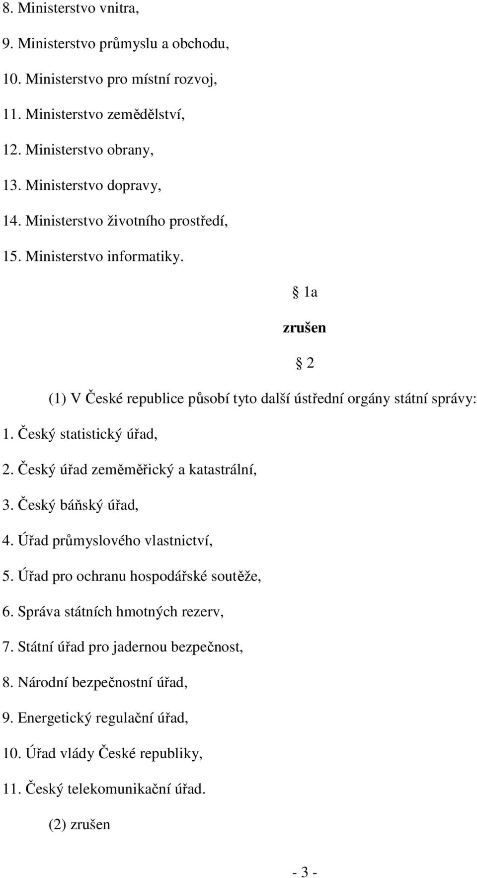 Český statistický úřad, 2. Český úřad zeměměřický a katastrální, 3. Český báňský úřad, 4. Úřad průmyslového vlastnictví, 5. Úřad pro ochranu hospodářské soutěže, 6.