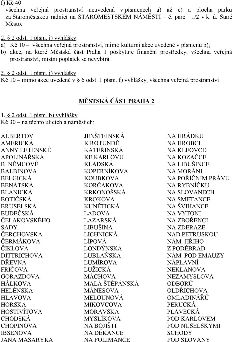 poplatek se nevybírá. 3. 2 odst. 1 písm. j) vyhlášky Kč 10 mimo akce uvedené v 6 odst. 1 písm. f) vyhlášky, všechna veřejná prostranství. 1. 2 odst. 1 písm. b) vyhlášky Kč 30 na těchto ulicích a náměstích: MĚSTSKÁ ČÁST PRAHA 2 ALBERTOV AMERICKÁ ANNY LETENSKÉ APOLINÁŘSKÁ B.