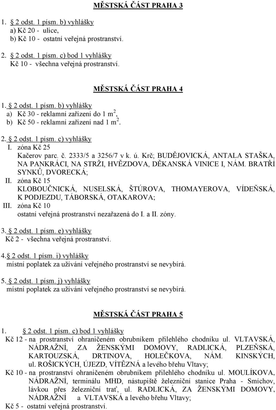 BRATŘÍ SYNKŦ, DVORECKÁ; II. zóna Kč 15 KLOBOUČNICKÁ, NUSELSKÁ, ŠTÚROVA, THOMAYEROVA, VÍDEŇSKÁ, K PODJEZDU, TÁBORSKÁ, OTAKAROVA; III. zóna Kč 10 ostatní veřejná prostranství nezařazená do I. a II.