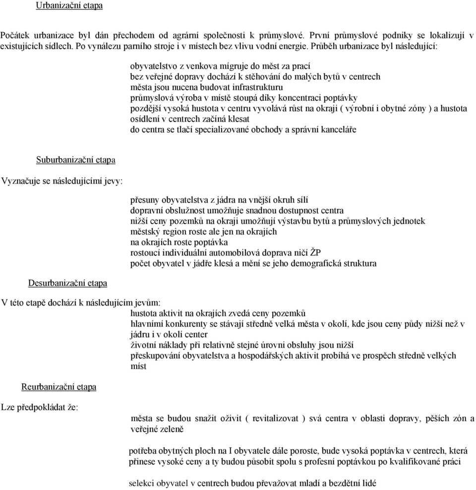 Průběh urbanizace byl následující: obyvatelstvo z venkova mígruje do měst za prací bez veřejné dopravy dochází k stěhování do malých bytů v centrech města jsou nucena budovat infrastrukturu