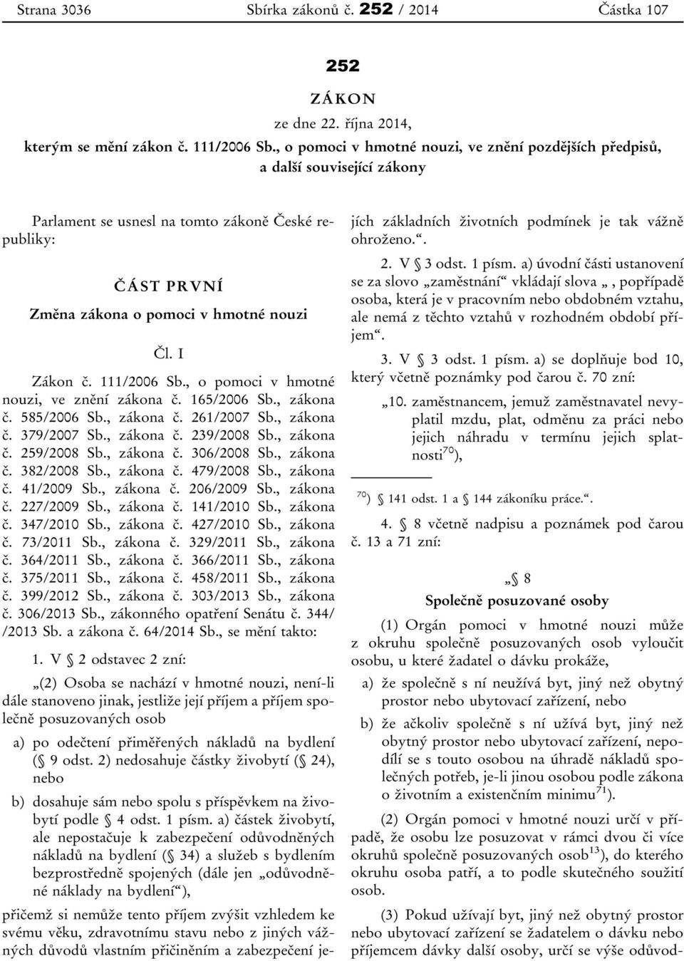 111/2006 Sb., o pomoci v hmotné nouzi, ve znění zákona č. 165/2006 Sb., zákona č. 585/2006 Sb., zákona č. 261/2007 Sb., zákona č. 379/2007 Sb., zákona č. 239/2008 Sb., zákona č. 259/2008 Sb.