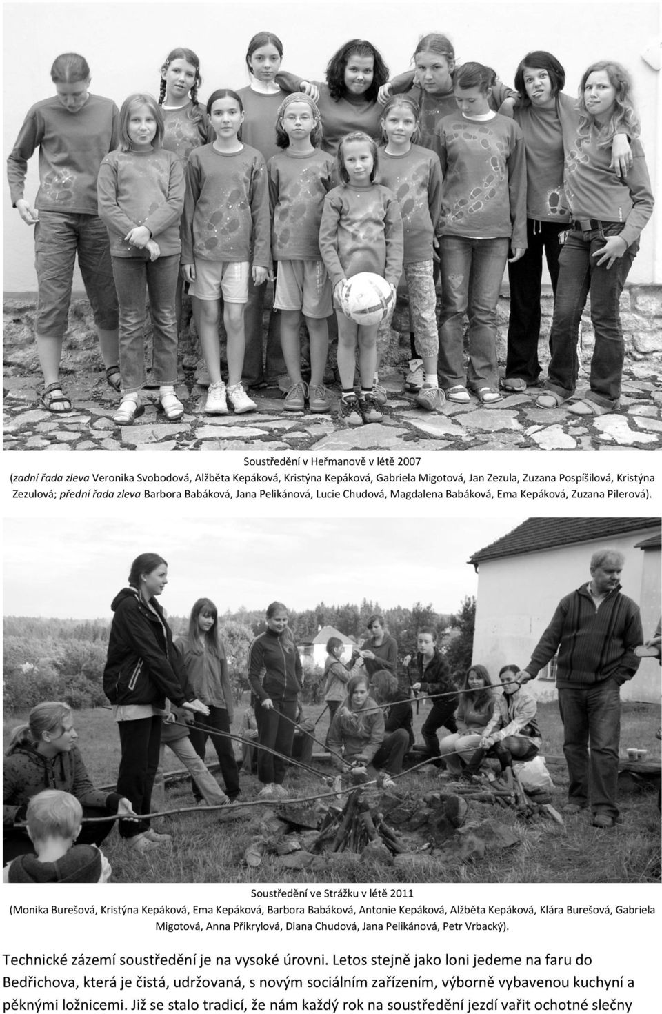 Soustředění ve Strážku v létě 2011 (Monika Burešová, Kristýna Kepáková, Ema Kepáková, Barbora Babáková, Antonie Kepáková, Alžběta Kepáková, Klára Burešová, Gabriela Migotová, Anna Přikrylová, Diana