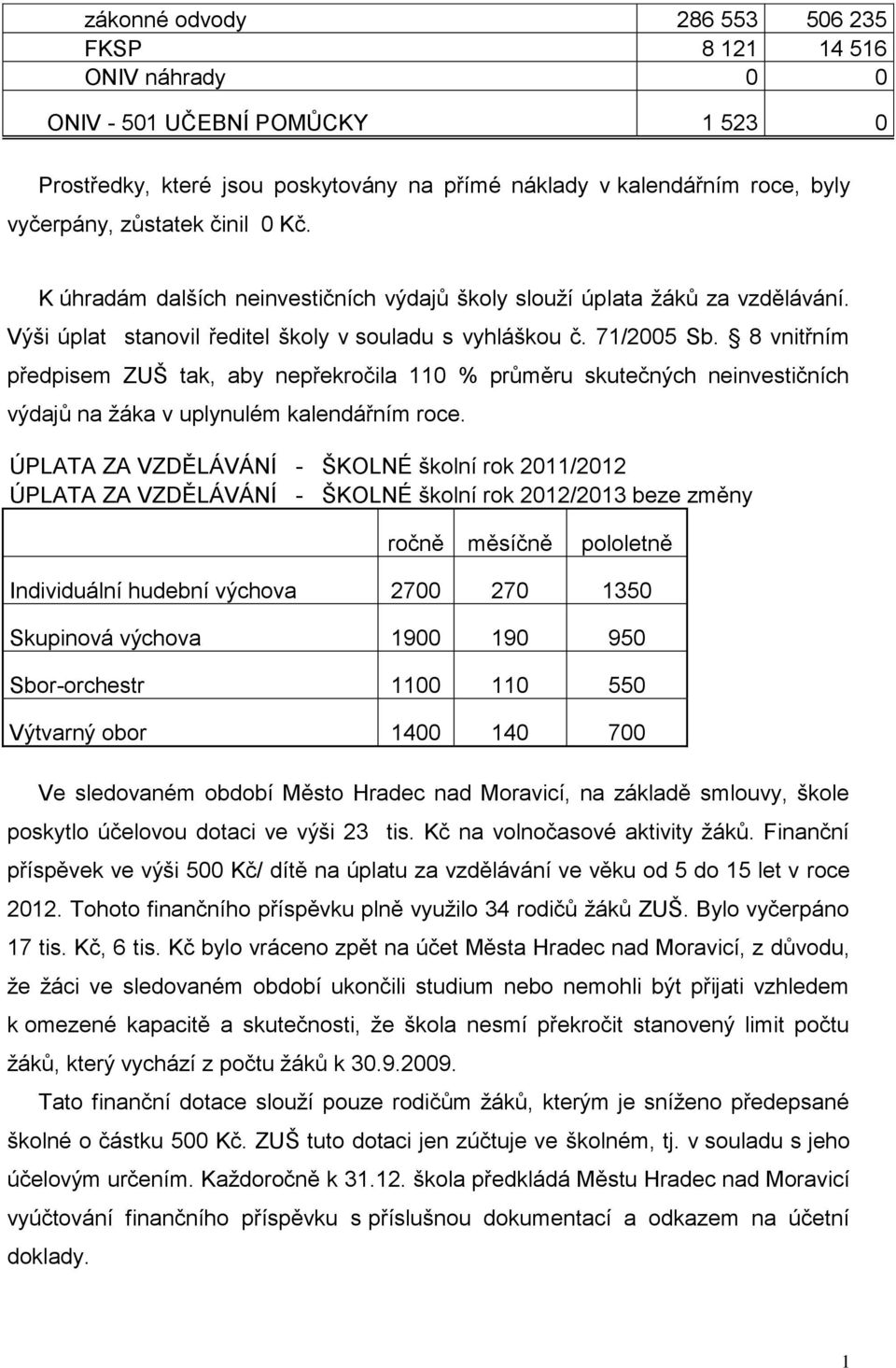 8 vnitřním předpisem ZUŠ tak, aby nepřekročila 0 % průměru skutečných neinvestičních výdajů na žáka v uplynulém kalendářním roce.