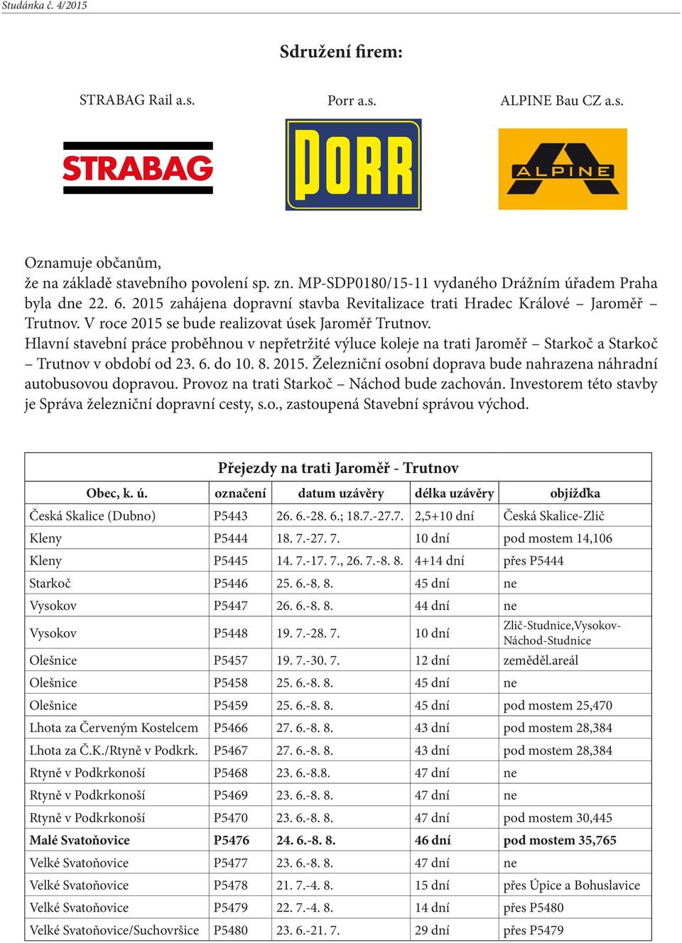 Hlavní stavební práce proběhnou v nepřetržité výluce koleje na trati Jaroměř Starkoč a Starkoč Trutnov v období od 23. 6. do 10. 8. 2015.