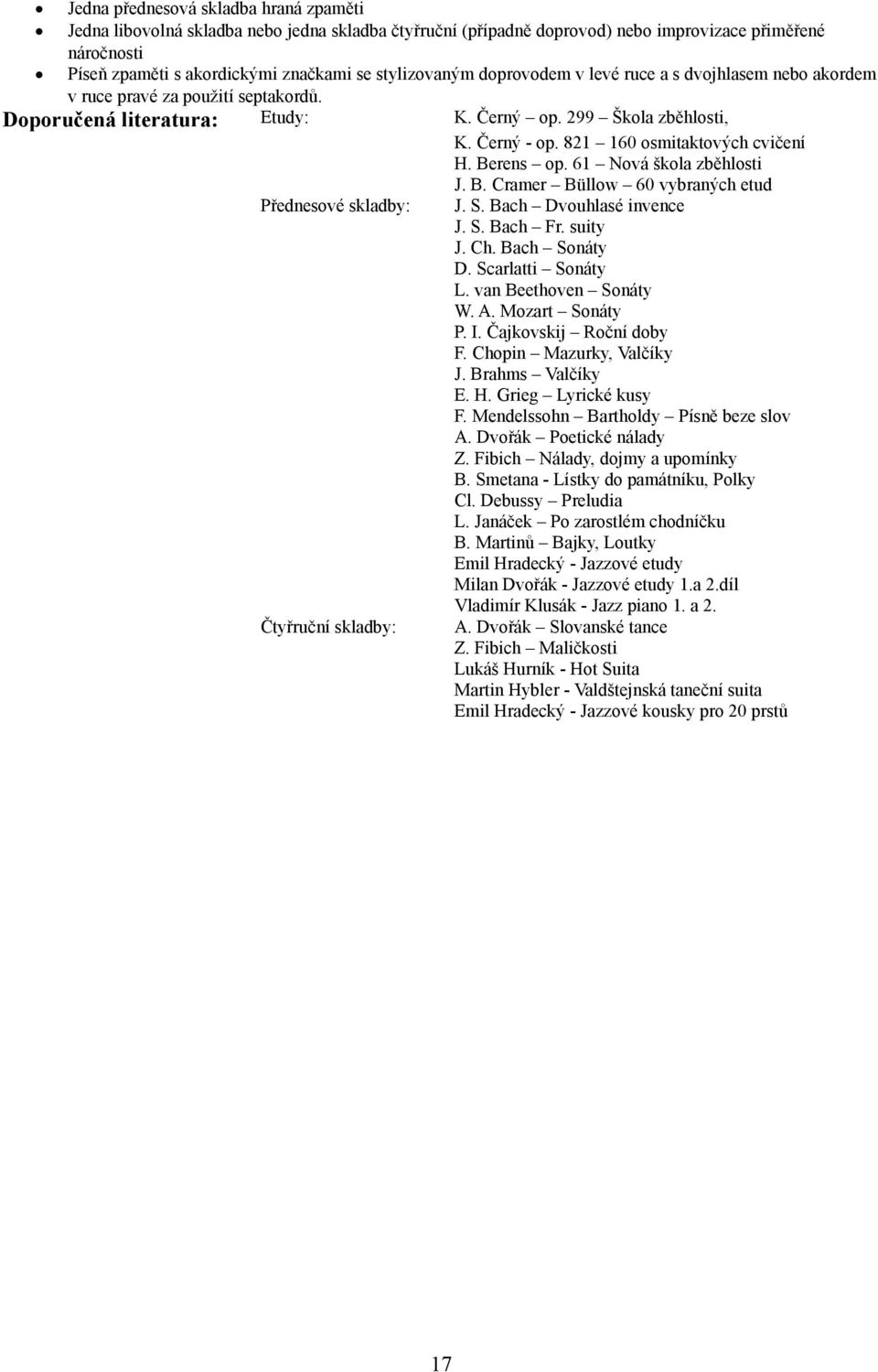 61 Nová škola zběhlosti J. B. Cramer Büllow 60 vybraných etud Přednesové skladby: J. S. Bach Dvouhlasé invence J. S. Bach Fr. suity J. Ch. Bach Sonáty D. Scarlatti Sonáty L. van Beethoven Sonáty W. A.