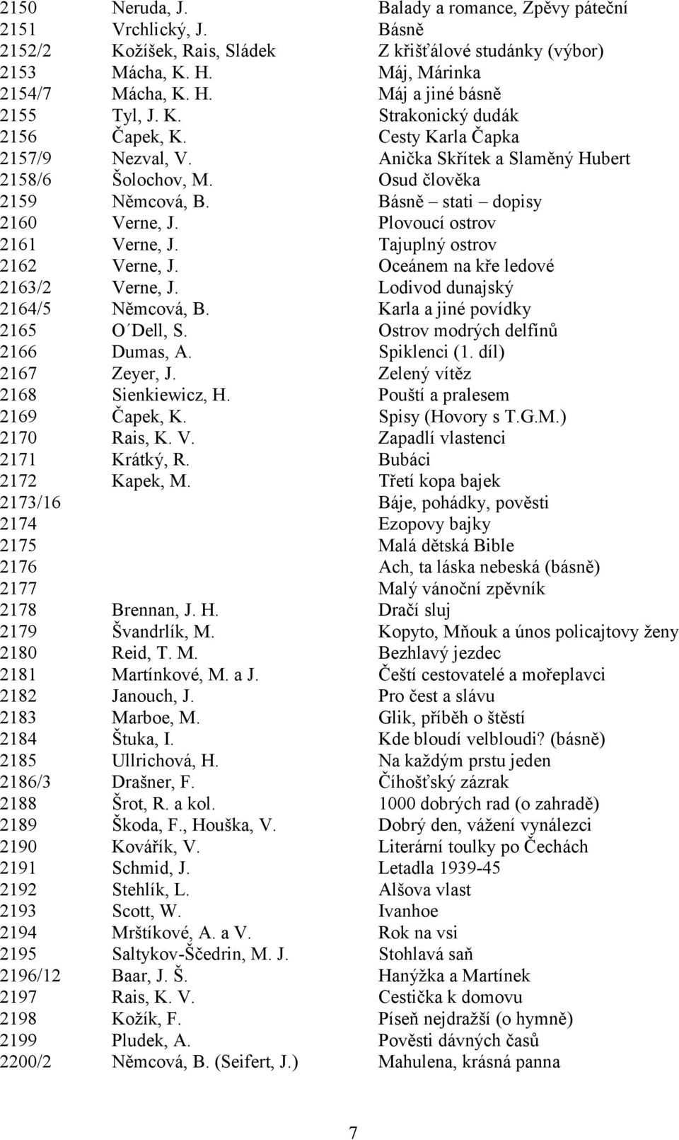 Plovoucí ostrov 2161 Verne, J. Tajuplný ostrov 2162 Verne, J. Oceánem na kře ledové 2163/2 Verne, J. Lodivod dunajský 2164/5 Němcová, B. Karla a jiné povídky 2165 O Dell, S.