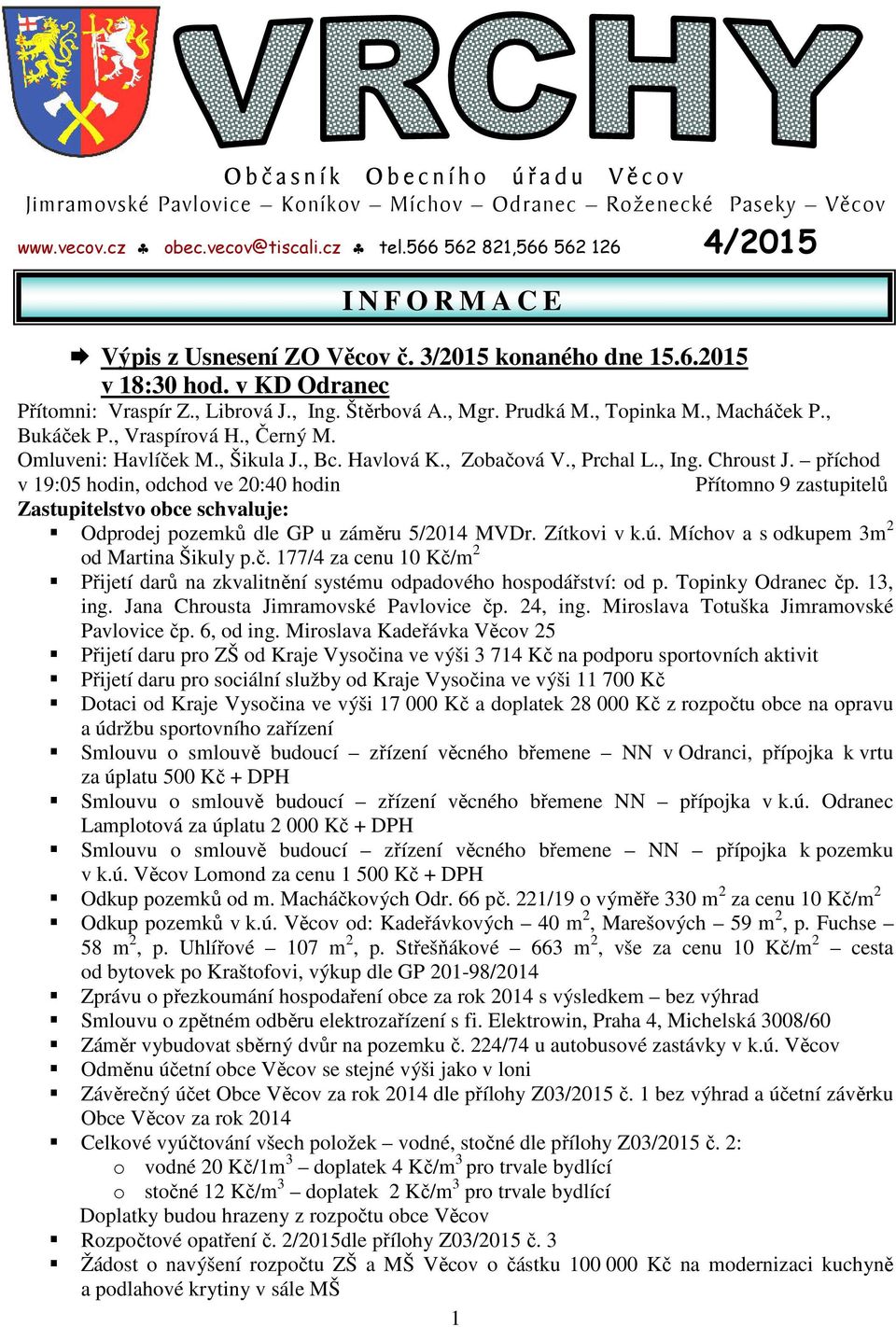 , Topinka M., Macháček P., Bukáček P., Vraspírová H., Černý M. Omluveni: Havlíček M., Šikula J., Bc. Havlová K., Zobačová V., Prchal L., Ing. Chroust J.