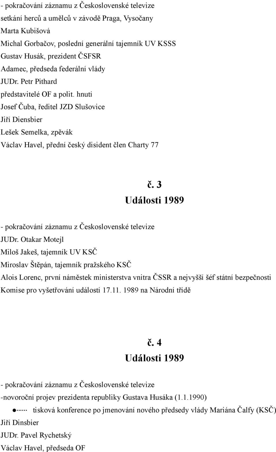 hnutí Josef Čuba, ředitel JZD Slušovice Jiří Diensbier Lešek Semelka, zpěvák Václav Havel, přední český disident člen Charty 77 č. 3 Události 1989 - pokračování záznamu z Československé televize JUDr.