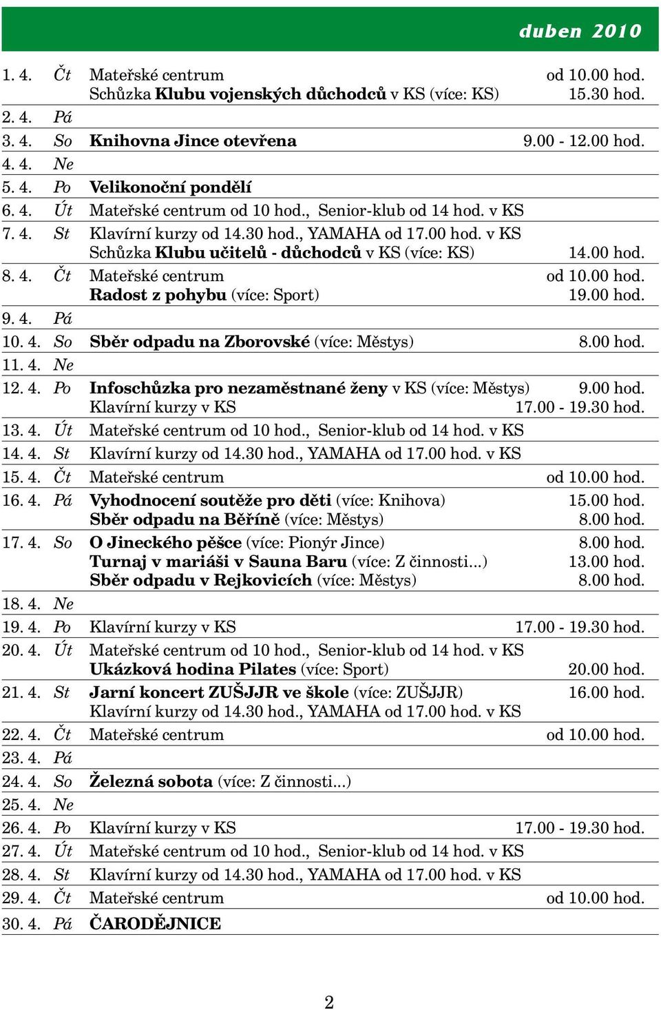 00 hod. Radost z pohybu (více: Sport) 19.00 hod. 9. 4. Pá 10. 4. So Sběr odpadu na Zborovské (více: Městys) 8.00 hod. 11. 4. Ne 12. 4. Po Infoschůzka pro nezaměstnané ženy v KS (více: Městys) 9.