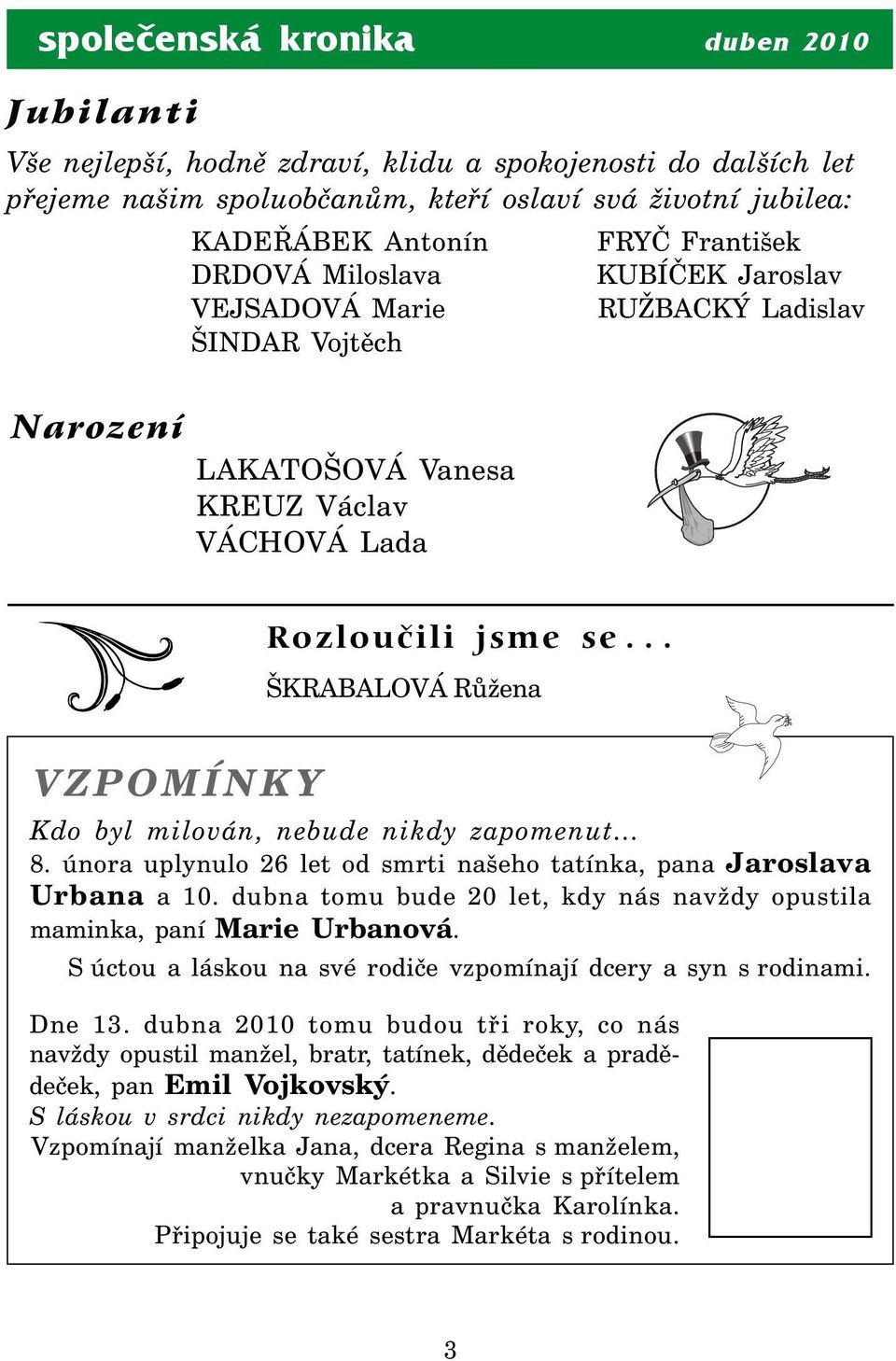 .. ŠKRABALOVÁ Růžena VZPOMÍNKY Kdo byl milován, nebude nikdy zapomenut 8. února uplynulo 26 let od smrti našeho tatínka, pana Jaroslava Urbana a 10.