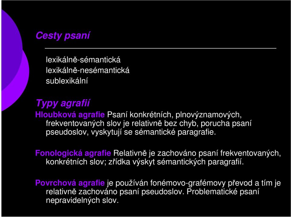 Fonologická agrafie Relativně je zachováno psaní frekventovaných, konkrétních slov; zřídka výskyt sémantických paragrafií.