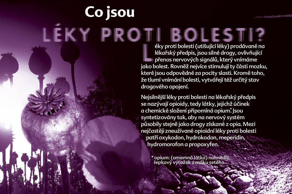 Nejsilnější léky proti bolesti na lékařský předpis se nazývají opioidy, tedy látky, jejichž účinek a chemické složení připomíná opium *.