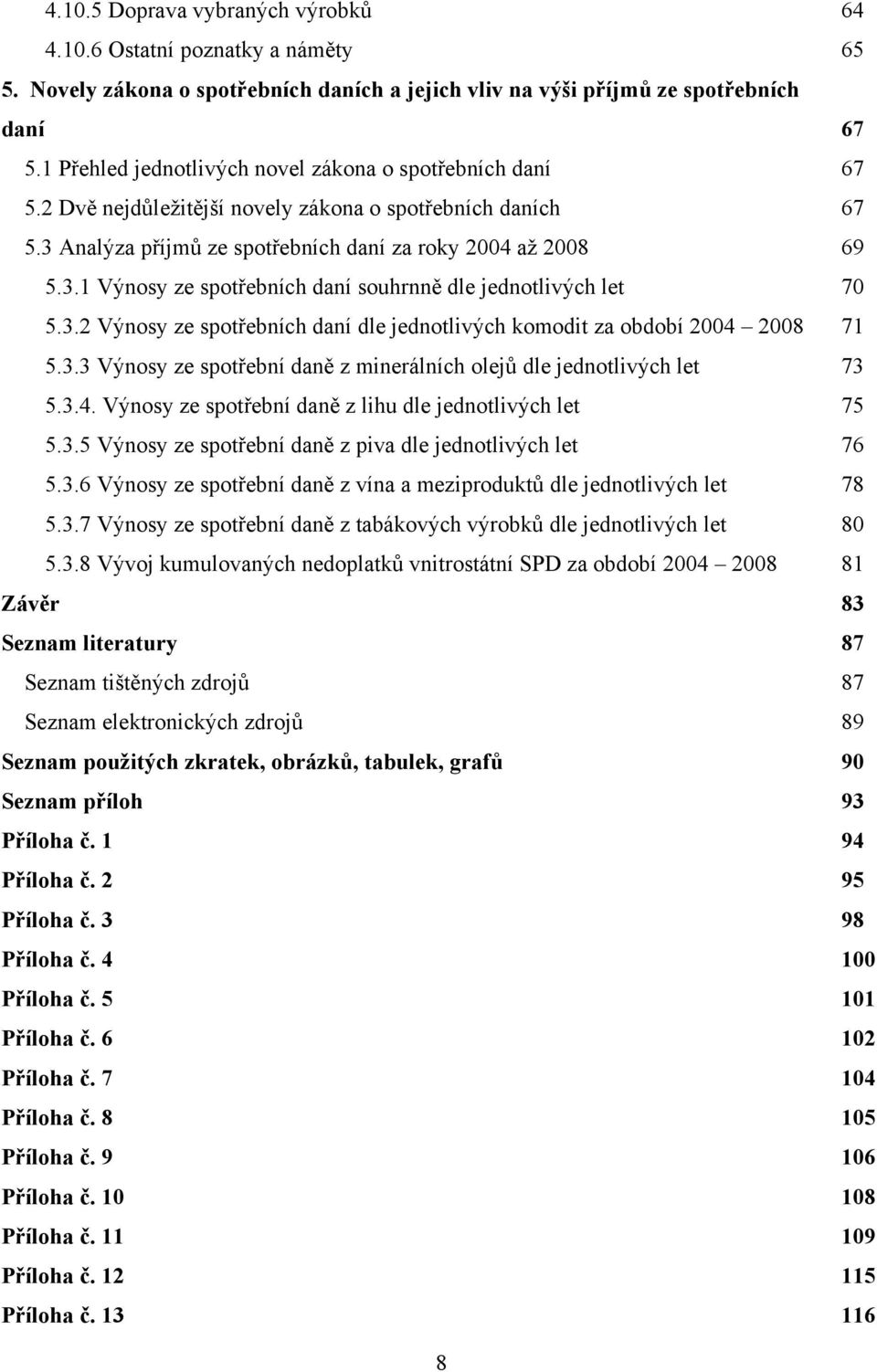 3.2 Výnosy ze spotřebních daní dle jednotlivých komodit za období 2004 2008 71 5.3.3 Výnosy ze spotřební daně z minerálních olejů dle jednotlivých let 73 5.3.4. Výnosy ze spotřební daně z lihu dle jednotlivých let 75 5.