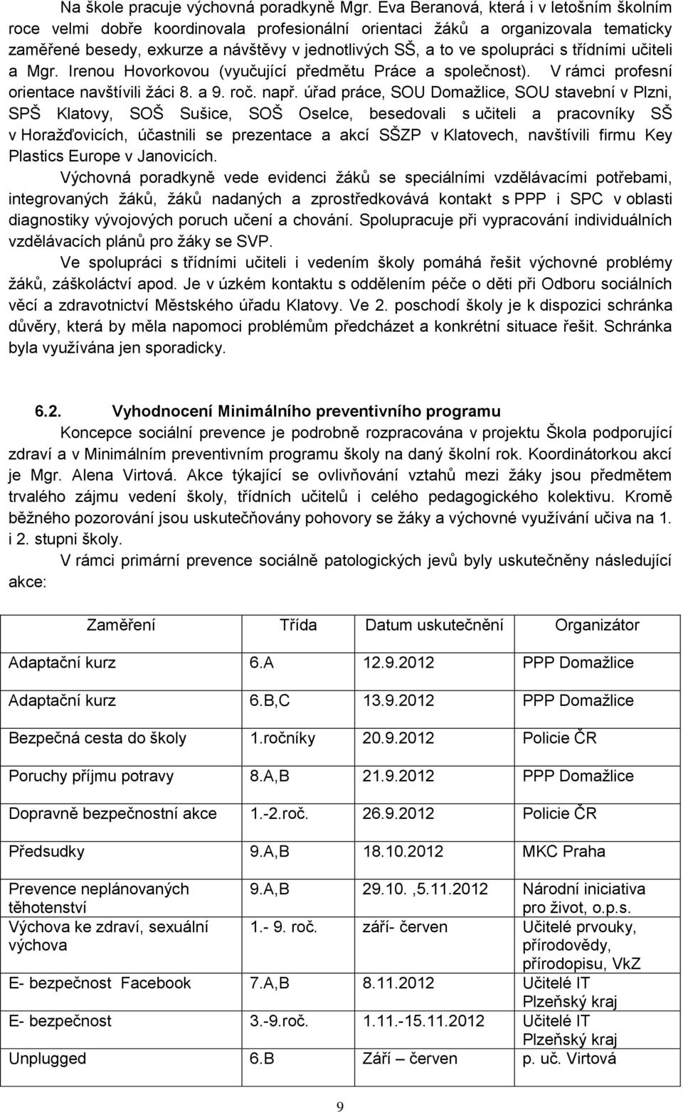 s třídními učiteli a Mgr. Irenou Hovorkovou (vyučující předmětu Práce a společnost). V rámci profesní orientace navštívili žáci 8. a 9. roč. např.