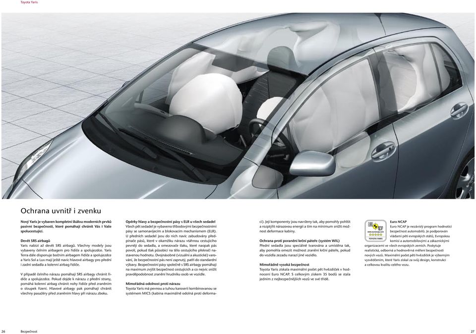 Yaris Terra dále disponuje bočním airbagem řidiče a spolujezdce a Yaris Sol a Lux mají ještě navíc hlavové airbagy pro přední i zadní sedadla a kolenní airbag řidiče.