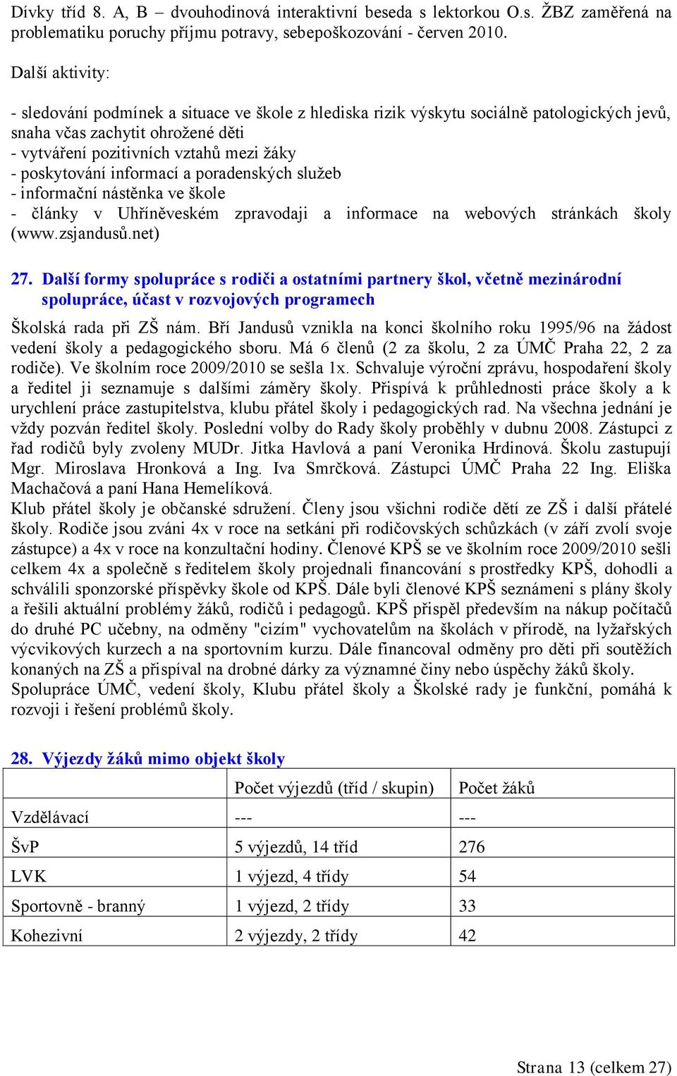 informací a poradenských sluţeb - informační nástěnka ve škole - články v Uhříněveském zpravodaji a informace na webových stránkách školy (www.zsjandusů.net) 27.