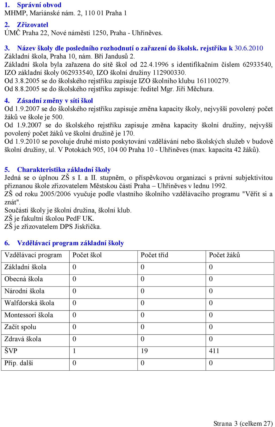 1996 s identifikačním číslem 62933540, IZO základní školy 062933540, IZO školní druţiny 112900330. Od 3.8.2005 se do školského rejstříku zapisuje IZO školního klubu 161100279. Od 8.8.2005 se do školského rejstříku zapisuje: ředitel Mgr.