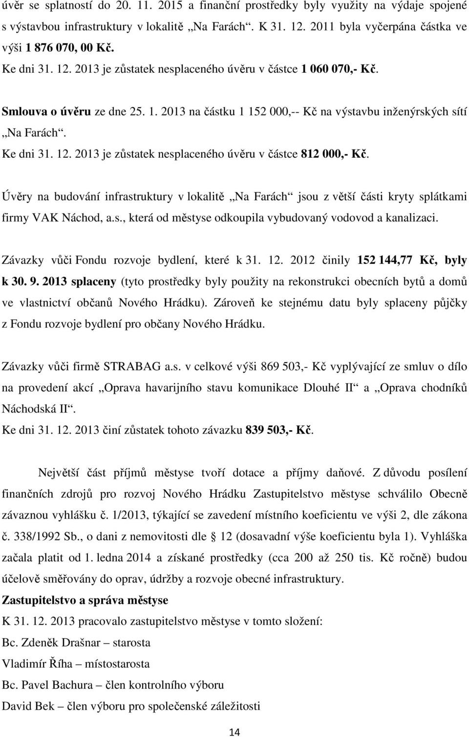 Úvěry na budování infrastruktury v lokalitě Na Farách jsou z větší části kryty splátkami firmy VAK Náchod, a.s., která od městyse odkoupila vybudovaný vodovod a kanalizaci.