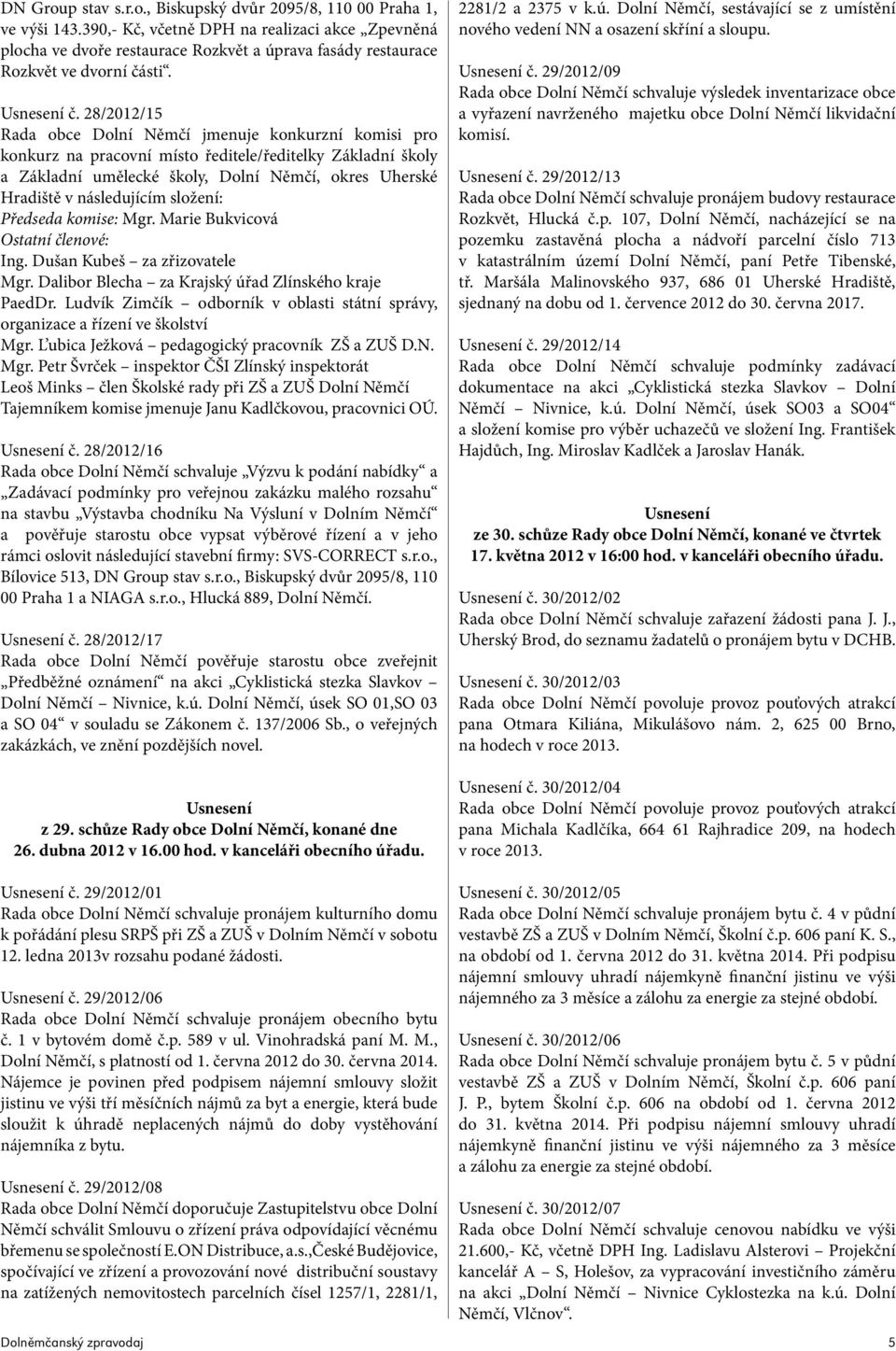 28/2012/15 Rada obce Dolní Němčí jmenuje konkurzní komisi pro konkurz na pracovní místo ředitele/ředitelky Základní školy a Základní umělecké školy, Dolní Němčí, okres Uherské Hradiště v následujícím