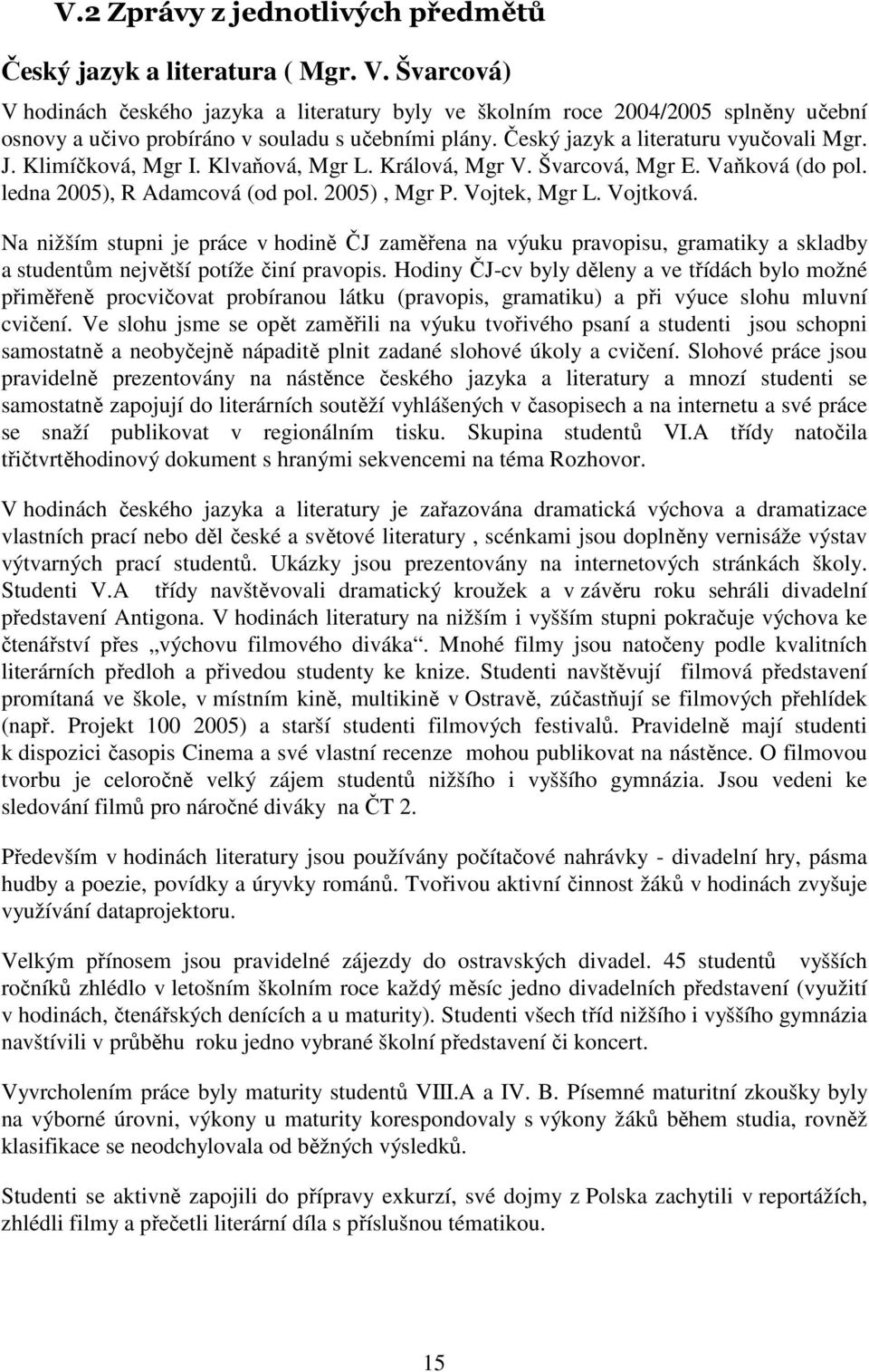 Klimíčková, Mgr I. Klvaňová, Mgr L. Králová, Mgr V. Švarcová, Mgr E. Vaňková (do pol. ledna 2005), R Adamcová (od pol. 2005), Mgr P. Vojtek, Mgr L. Vojtková.