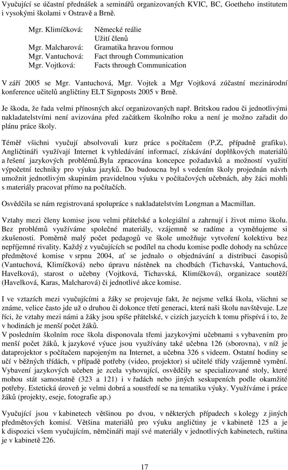 Vojtek a Mgr Vojtková zúčastní mezinárodní konference učitelů angličtiny ELT Signposts 2005 v Brně. Je škoda, že řada velmi přínosných akcí organizovaných např.