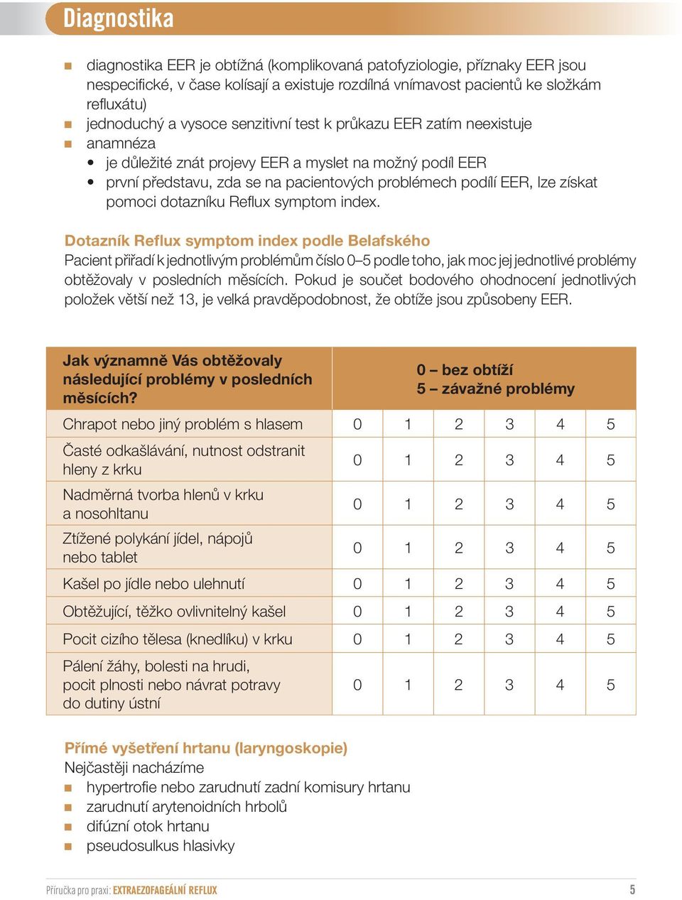 symptom index. Dotazník Reflux symptom index podle Belafského Pacient přiřadí k jednotlivým problémům číslo 0 5 podle toho, jak moc jej jednotlivé problémy obtěžovaly v posledních měsících.