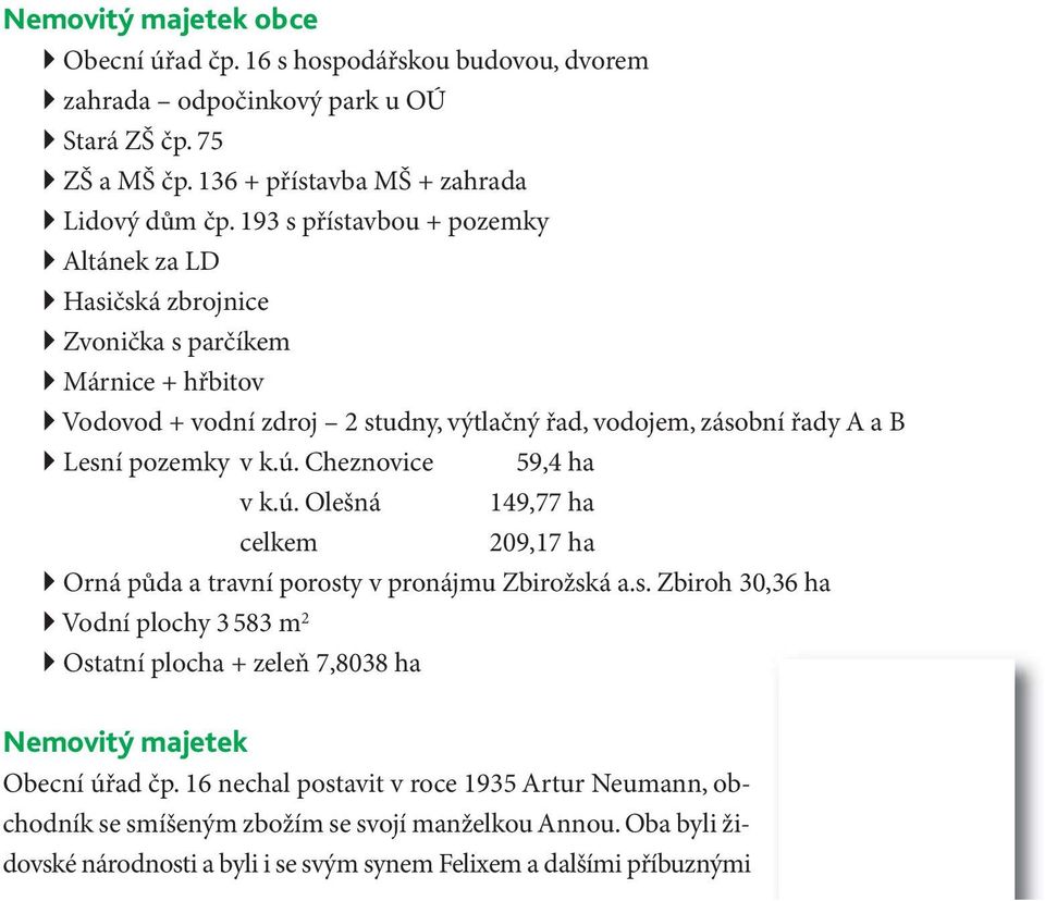 Cheznovice 59,4 ha v k.ú. Olešná 149,77 ha celkem 209,17 ha Orná půda a travní porosty v pronájmu Zbirožská a.s. Zbiroh 30,36 ha Vodní plochy 3 583 m 2 Ostatní plocha + zeleň 7,8038 ha Nemovitý majetek Obecní úřad čp.