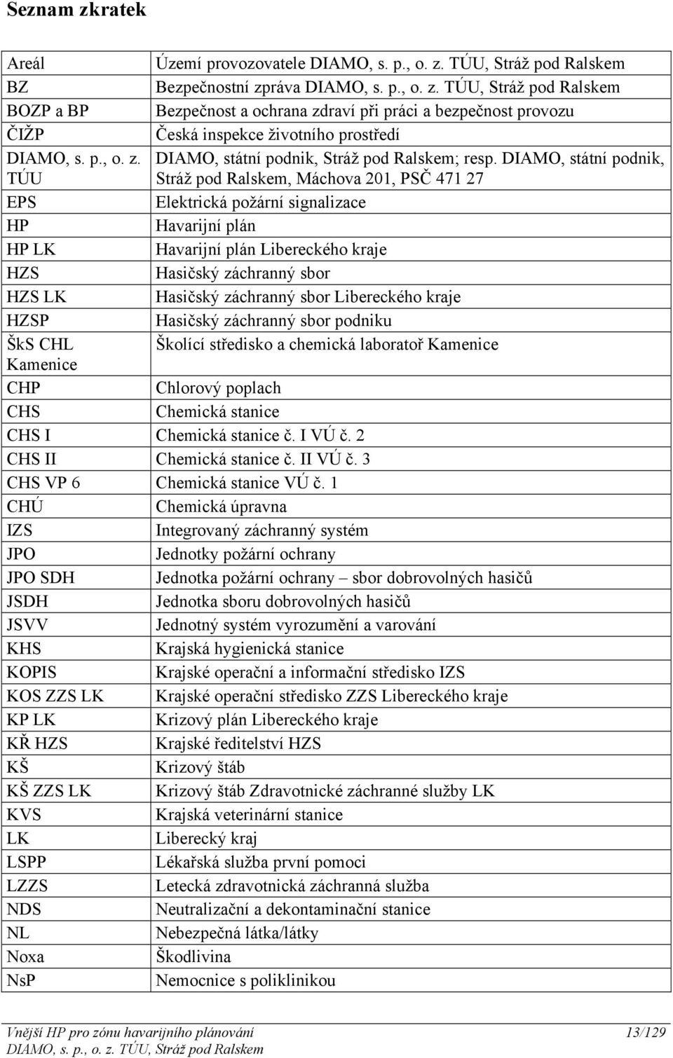 Hasičský záchranný sbor Libereckého kraje HZSP Hasičský záchranný sbor podniku ŠkS CHL Školící středisko a chemická laboratoř Kamenice Kamenice CHP Chlorový poplach CHS Chemická stanice CHS I