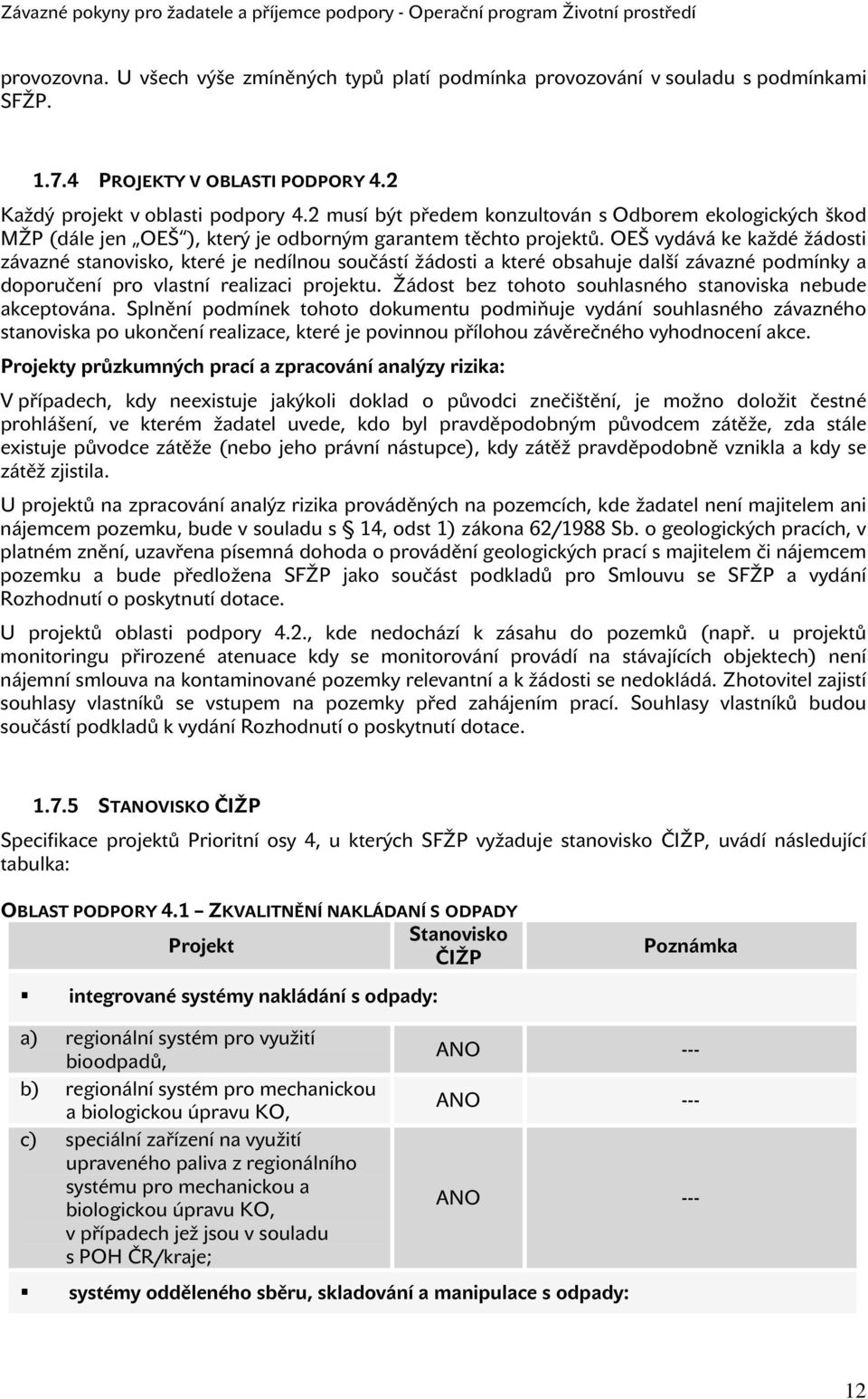 OEŠ vydává ke každé žádosti závazné stanovisko, které je nedílnou součástí žádosti a které obsahuje další závazné podmínky a doporučení pro vlastní realizaci projektu.