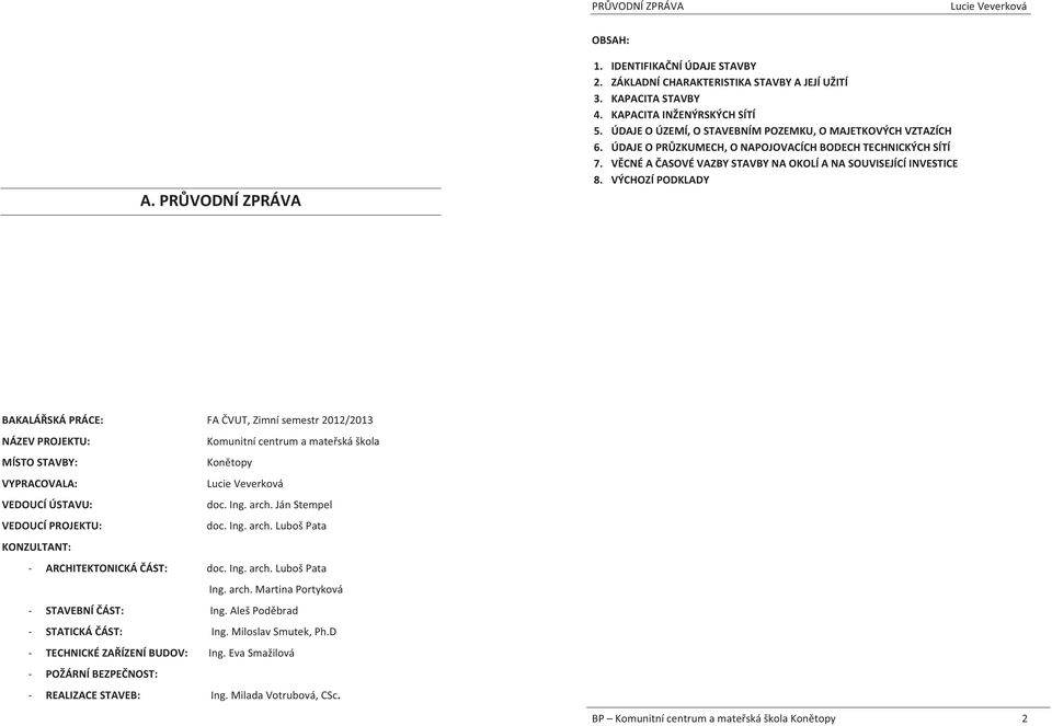 VÝCHOZÍ PODKLADY BAKALÁŘSKÁ PRÁCE: FA ČVUT, Zimní semestr 2012/2013 NÁZEV PROJEKTU: Komunitní centrum a mateřská škola MÍSTO STAVBY: Konětopy VYPRACOVALA: Lucie Veverková VEDOUCÍ ÚSTAVU: doc. Ing.