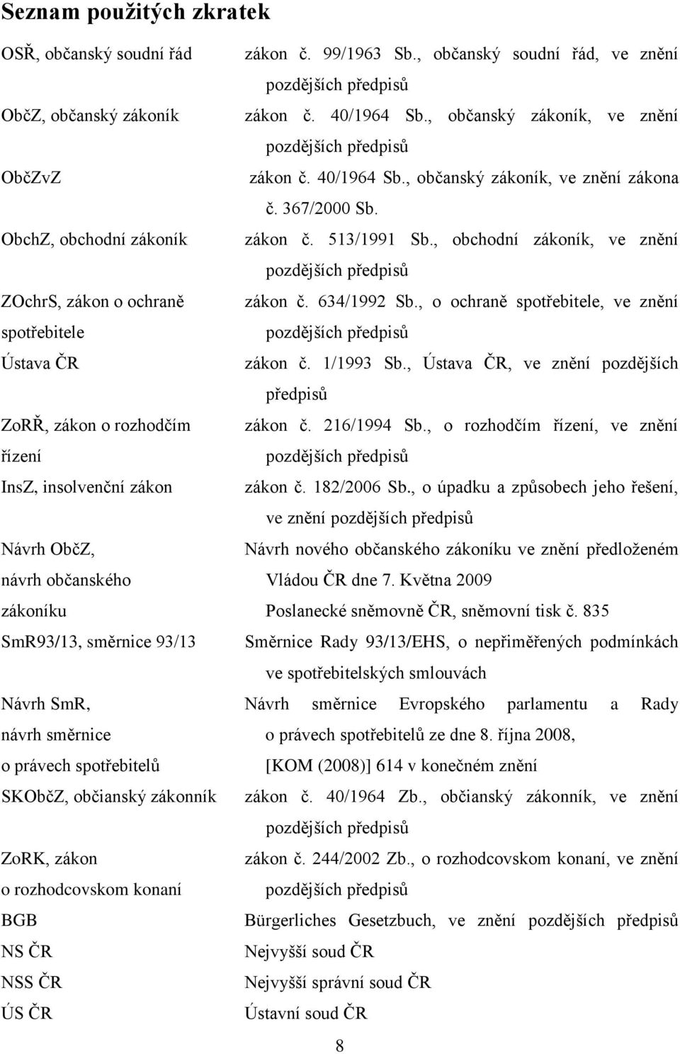 , obchodní zákoník, ve znění pozdějších předpisů ZOchrS, zákon o ochraně zákon č. 634/1992 Sb., o ochraně spotřebitele, ve znění spotřebitele pozdějších předpisů Ústava ČR zákon č. 1/1993 Sb.