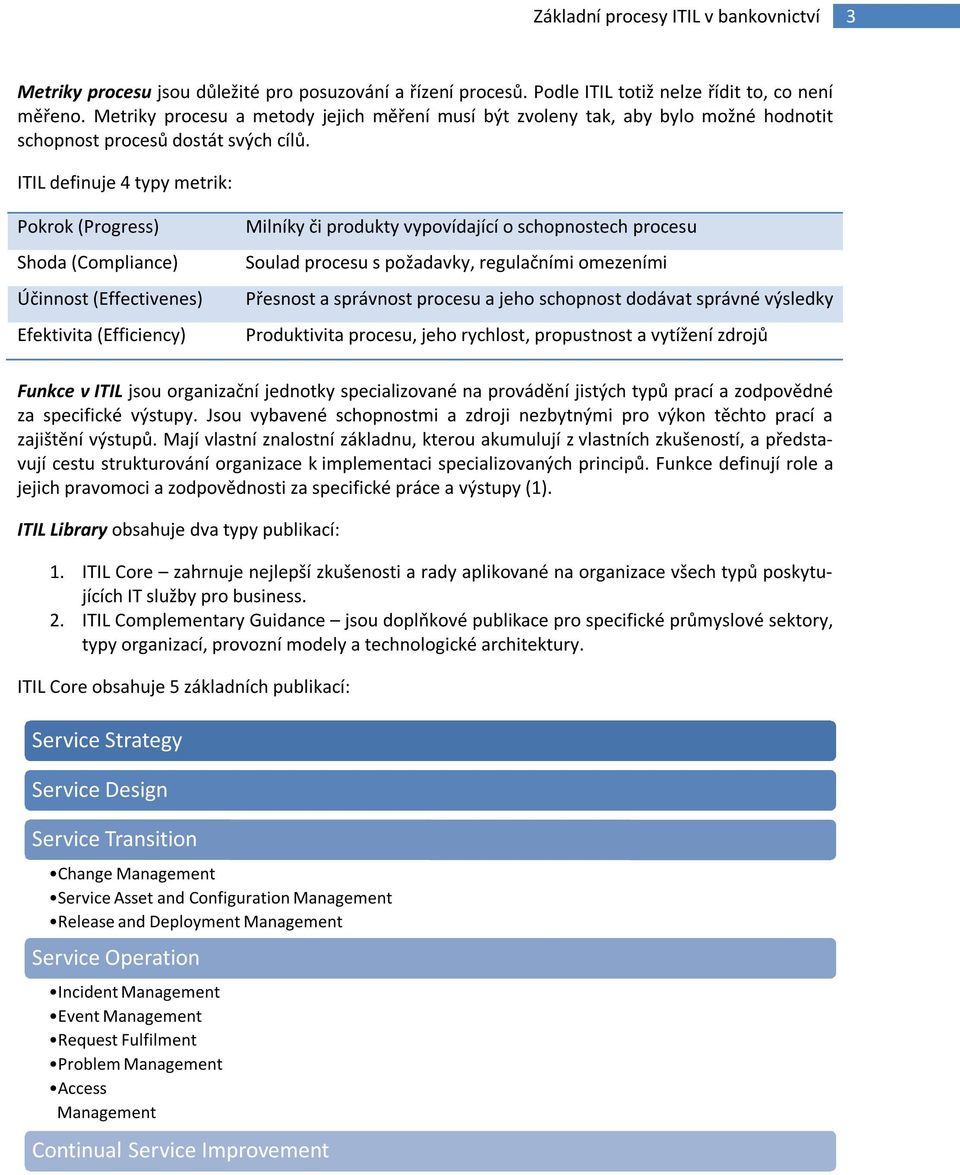 ITIL definuje 4 typy metrik: Pokrok (Progress) Shoda (Compliance) Účinnost (Effectivenes) Efektivita (Efficiency) Milníky či produkty vypovídající o schopnostech procesu Soulad procesu s požadavky,