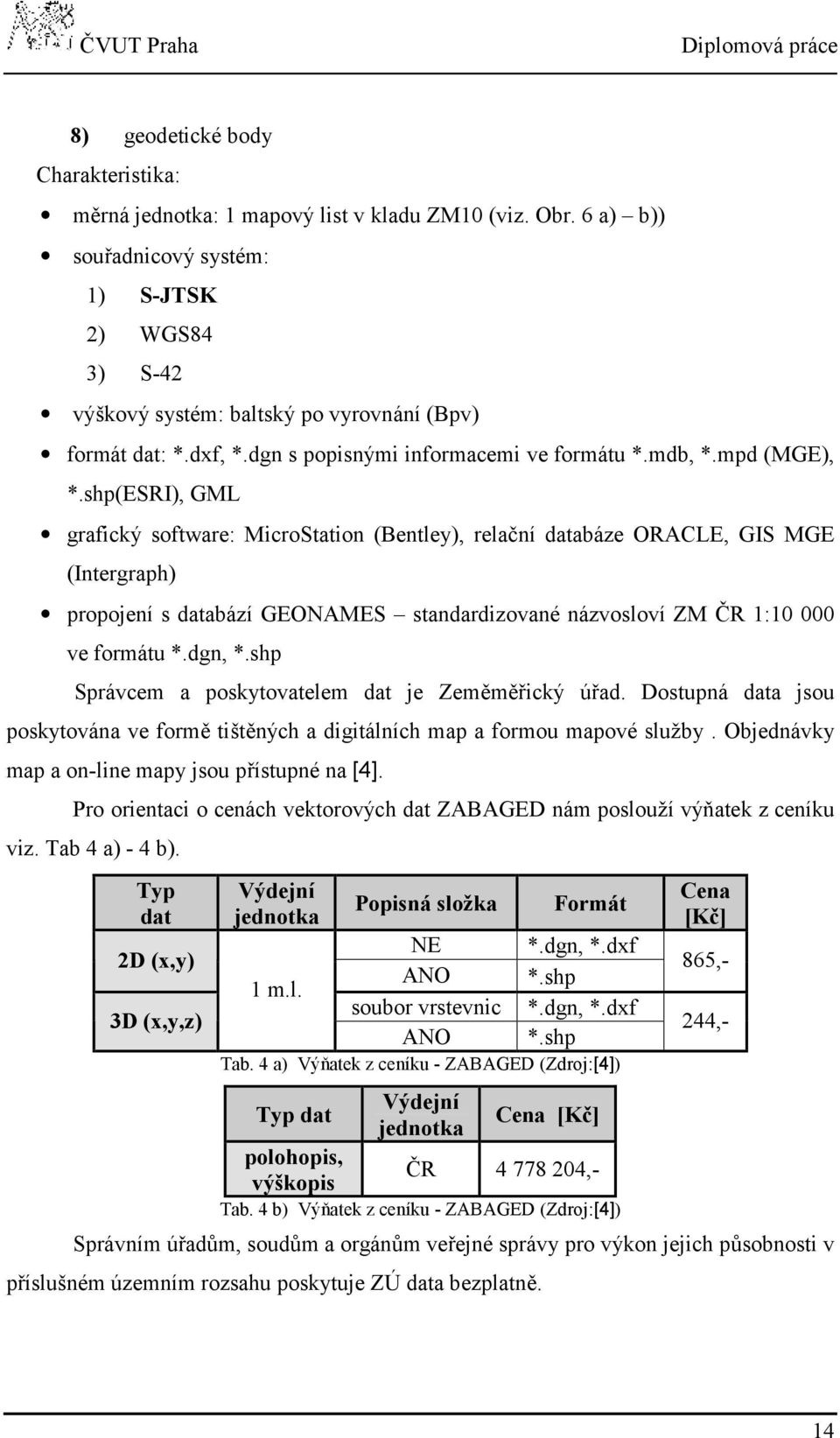 shp(esri), GML grafický software: MicroStation (Bentley), relační databáze ORACLE, GIS MGE (Intergraph) propojení s databází GEONAMES standardizované názvosloví ZM ČR 1:10 000 ve formátu *.dgn, *.