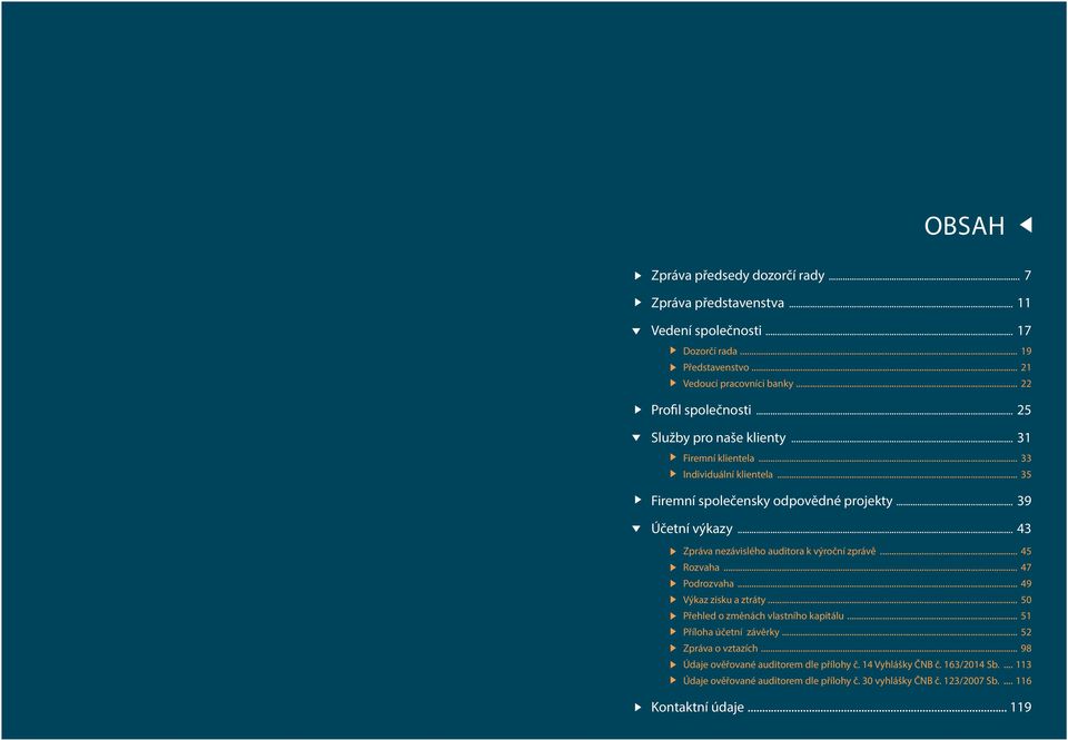 .. 43 Zpráva nezávislého auditora k výroční zprávě... 45 Rozvaha... 47 Podrozvaha... 49 Výkaz zisku a ztráty... 50 Přehled o změnách vlastního kapitálu... 51.