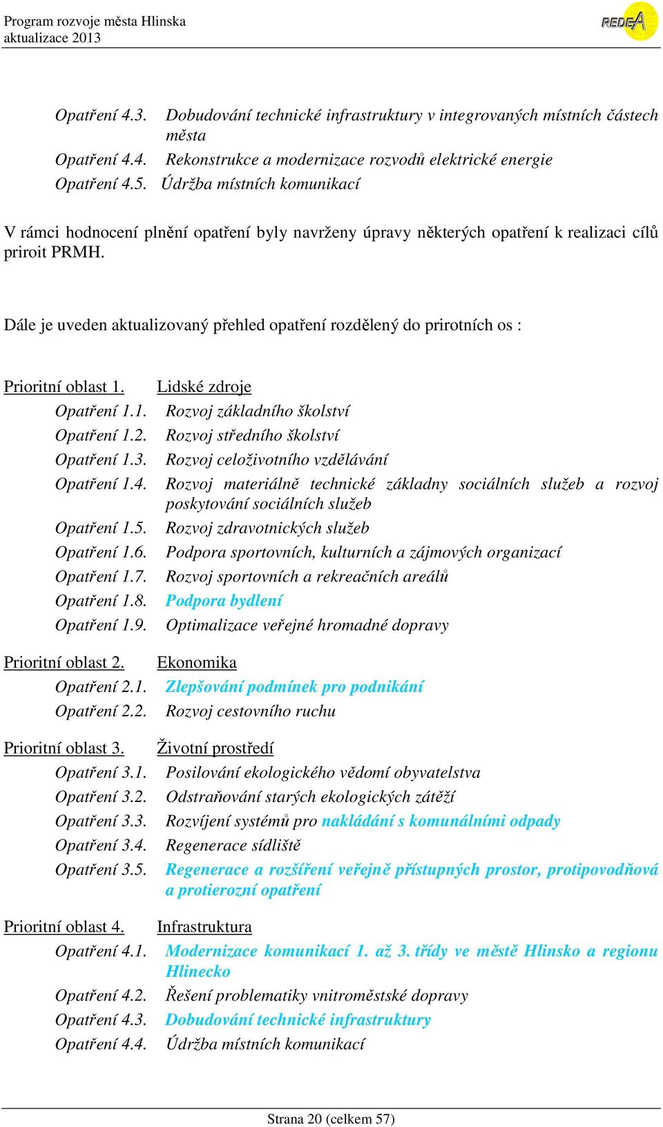 Dále je uveden aktualizovaný přehled opatření rozdělený do prirotních os : Prioritní oblast 1. Opatření 1.1. Opatření 1.2. Opatření 1.3. Opatření 1.4. Opatření 1.5. Opatření 1.6. Opatření 1.7.