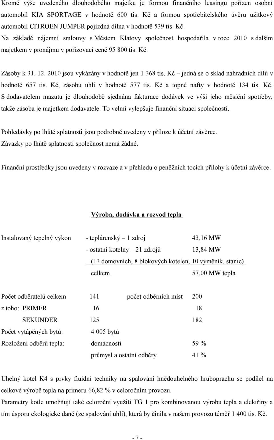 Na základě nájemní smlouvy s Městem Klatovy společnost hospodařila v roce 21 s dalším majetkem v pronájmu v pořizovací ceně 95 8 tis. Kč. Zásoby k 31. 12. 21 jsou vykázány v hodnotě jen 1 368 tis.