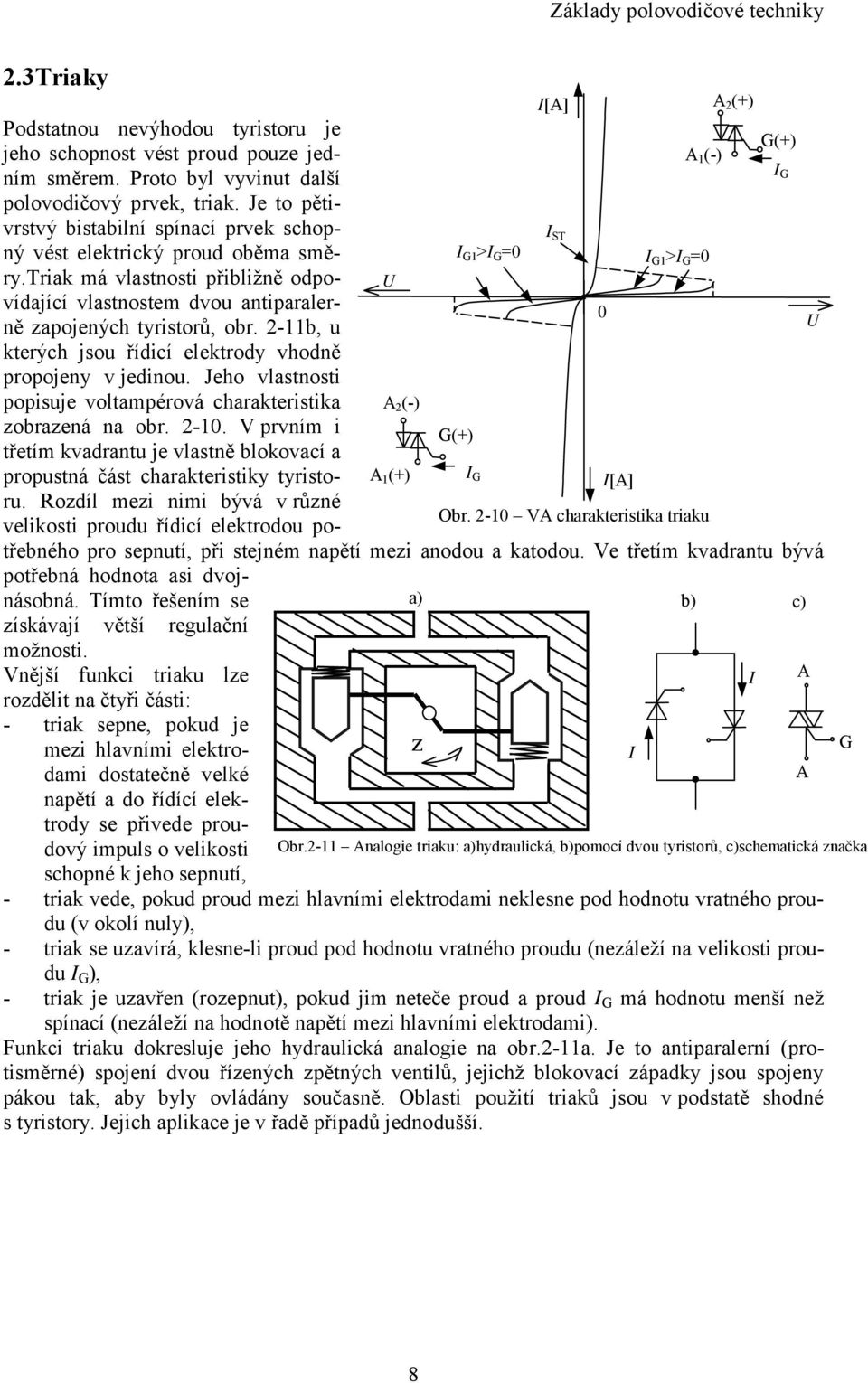 triak má vlastnosti přibližně odpovídající vlastnostem dvou antiparaler- ně zapojených tyristorů, obr. 2-11b, u kterých jsou řídicí elektrody vhodně propojeny v jedinou.