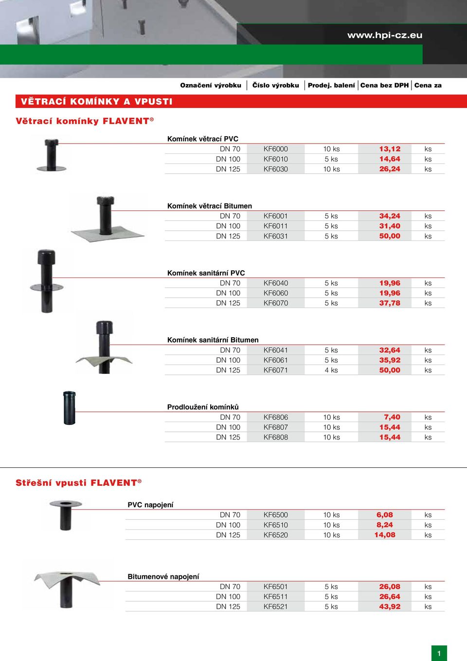 34,24 ks DN 100 KF6011 5 ks 31,40 ks DN 125 KF6031 5 ks 50,00 ks Komínek sanitární PVC DN 70 KF6040 5 ks 19,96 ks DN 100 KF6060 5 ks 19,96 ks DN 125 KF6070 5 ks 37,78 ks Komínek sanitární Bitumen DN